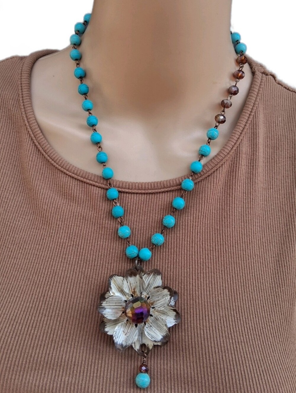 Vintage Turquoise Beaded Flower Pendant Necklace Rustic Western Boho